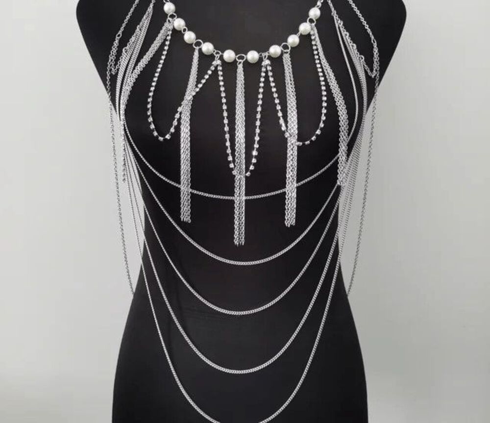 NWOT Gold Pearl and Rhinestone Body Chain Harness - Festival - Burning Man
